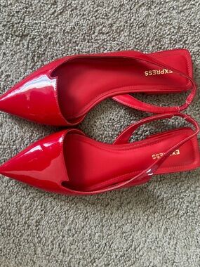 Express Red Patent Pointed Slingback Flats with Gold Logo